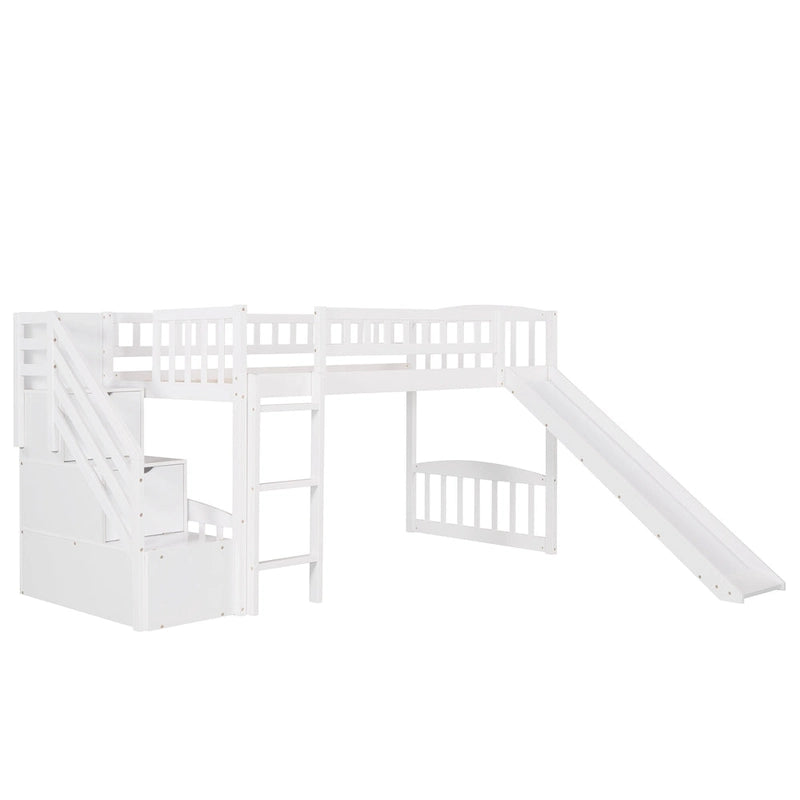 Cama tipo loft individual con escalera, dos cajones y tobogán