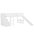 Cama tipo loft individual con escalera, dos cajones y tobogán