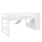 Cama tipo loft individual con escalera, dos cajones y tobogán