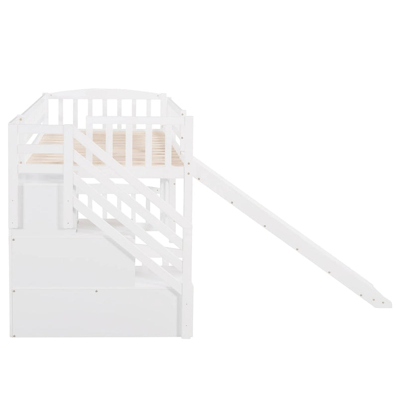 Cama tipo loft individual con escalera, dos cajones y tobogán