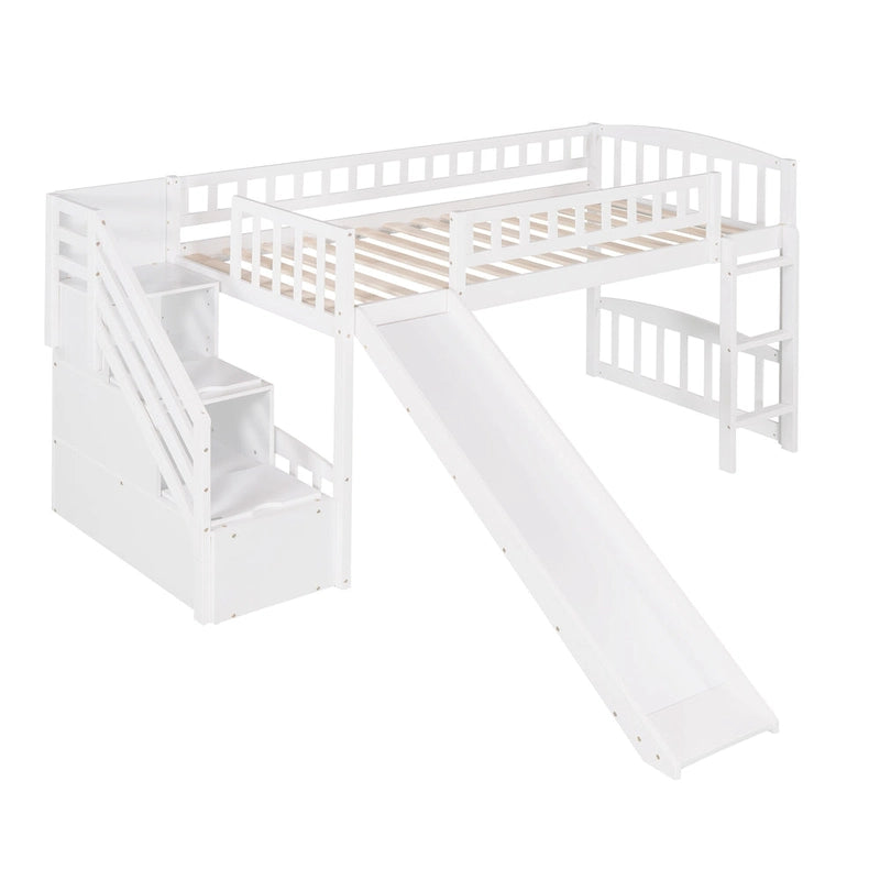 Cama tipo loft individual con escalera, dos cajones y tobogán