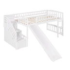 Cama tipo loft individual con escalera, dos cajones y tobogán