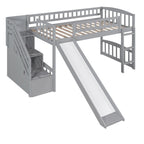Cama tipo loft individual con escalera, dos cajones y tobogán