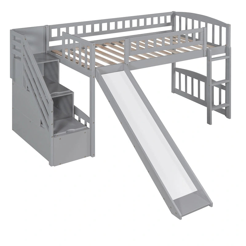 Cama tipo loft individual con escalera, dos cajones y tobogán