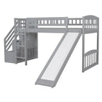 Cama tipo loft individual con escalera, dos cajones y tobogán