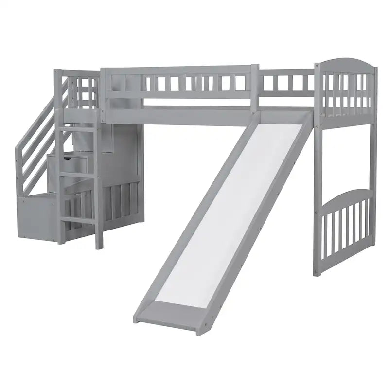 Cama tipo loft individual con escalera, dos cajones y tobogán