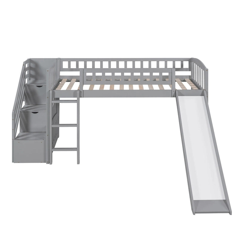 Cama tipo loft individual con escalera, dos cajones y tobogán