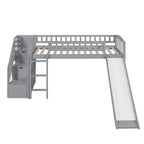 Cama tipo loft individual con escalera, dos cajones y tobogán