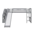 Cama tipo loft individual con escalera, dos cajones y tobogán