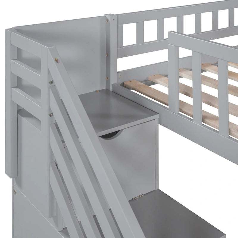 Cama tipo loft individual con escalera, dos cajones y tobogán
