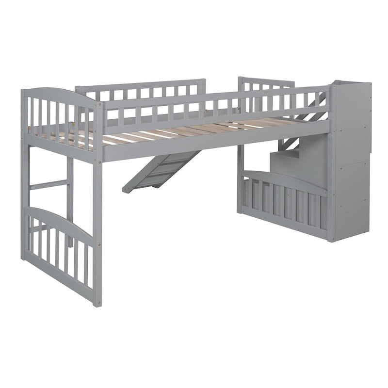 Cama tipo loft individual con escalera, dos cajones y tobogán