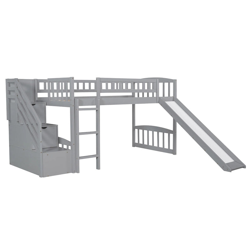 Cama tipo loft individual con escalera, dos cajones y tobogán