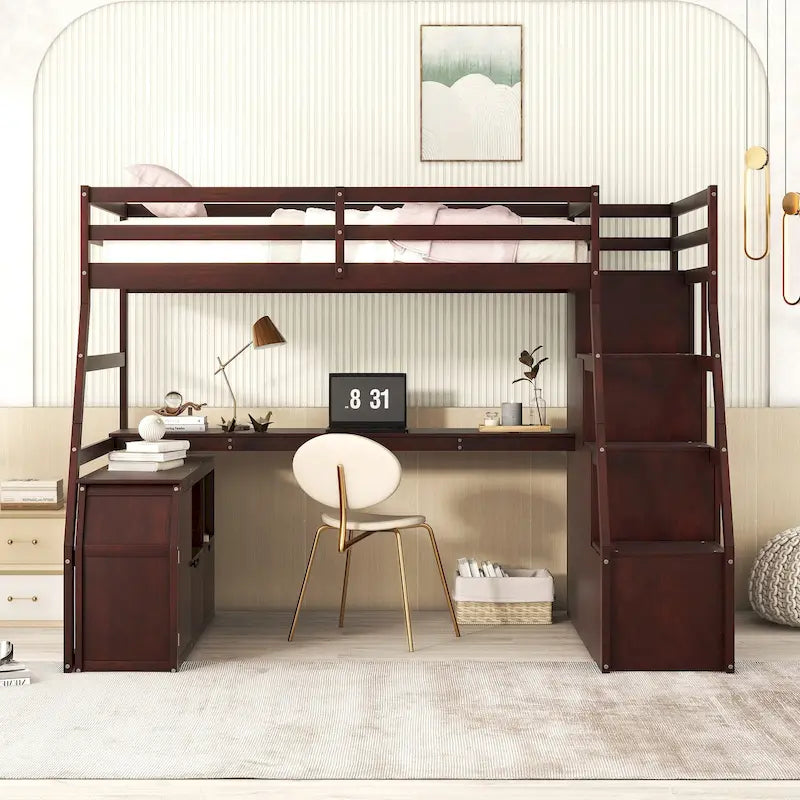 Cama alta individual con 7 cajones, 2 estantes y escritorio