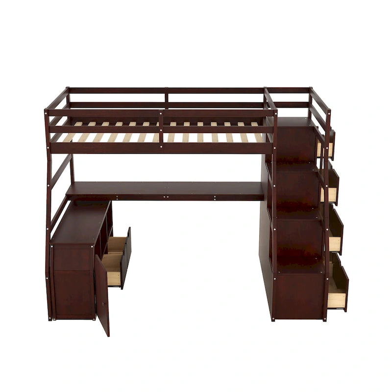 Cama alta individual con 7 cajones, 2 estantes y escritorio
