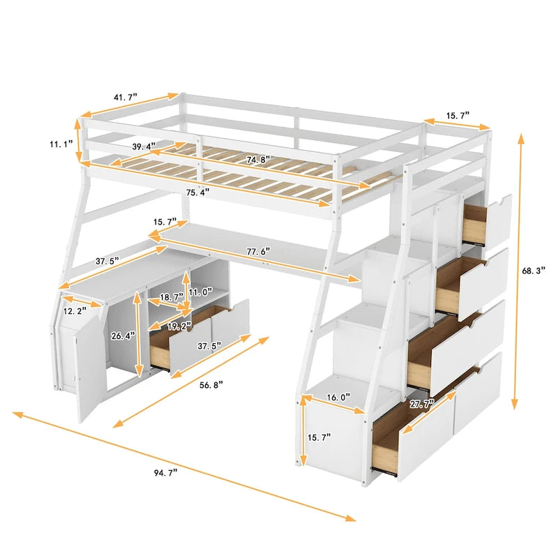 Cama alta individual con 7 cajones, 2 estantes y escritorio
