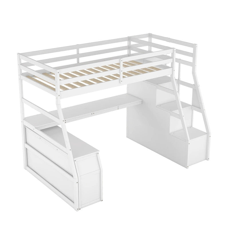 Cama alta individual con 7 cajones, 2 estantes y escritorio