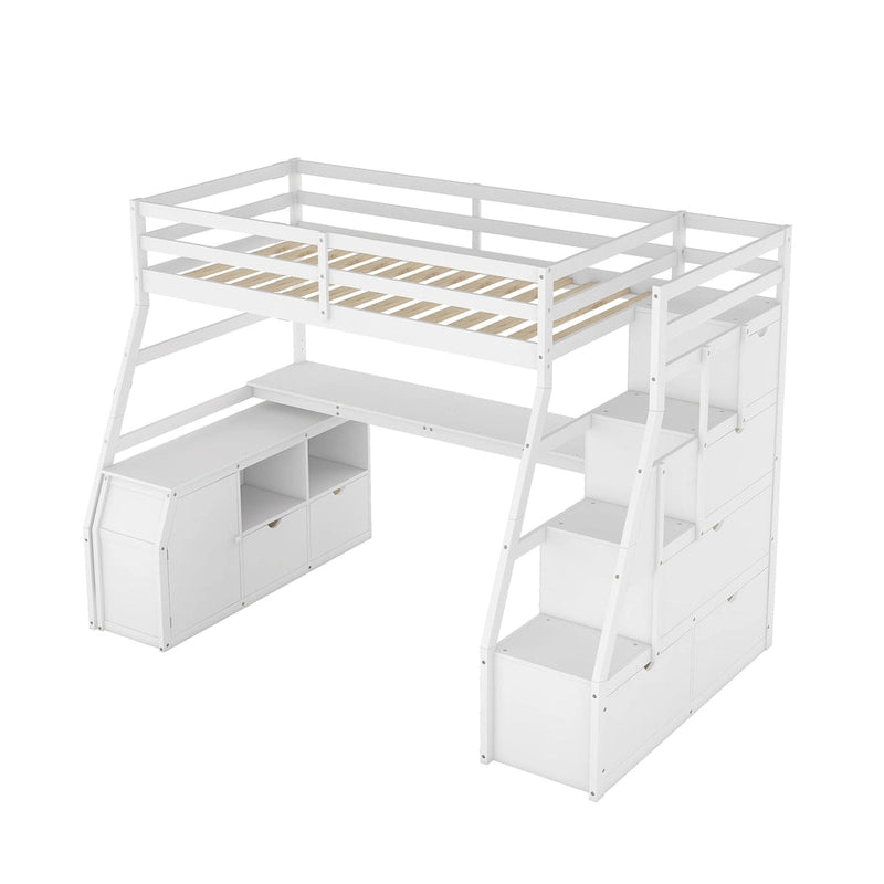 Cama alta individual con 7 cajones, 2 estantes y escritorio