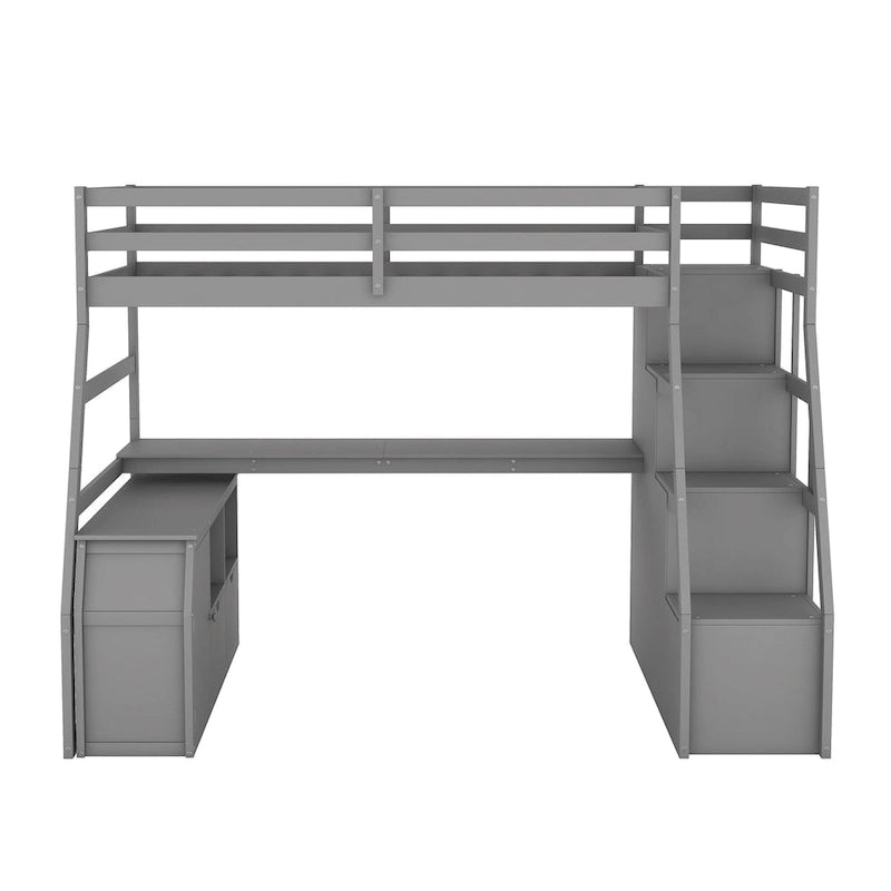 Cama alta individual con 7 cajones, 2 estantes y escritorio