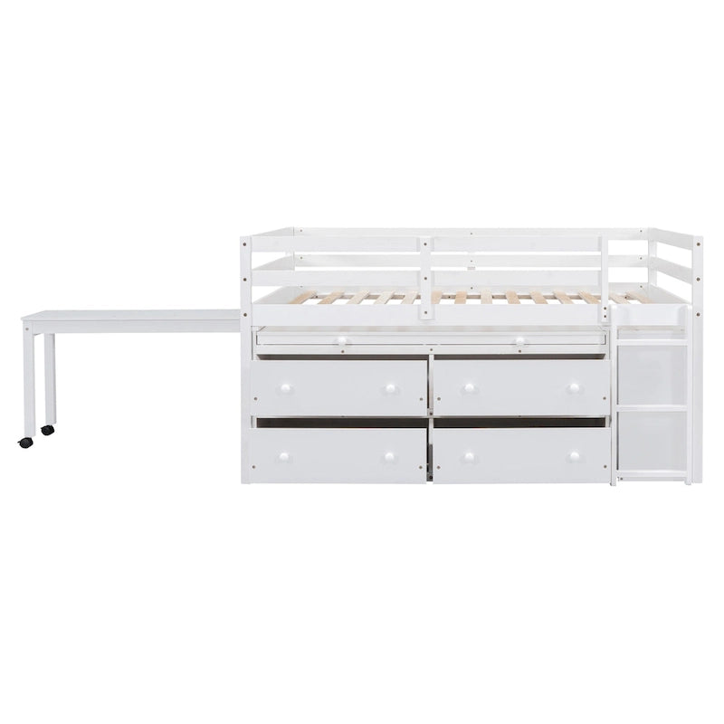 Full Size Loft Bed with Retractable Writing Desk and 4 Drawers, Wooden Loft Bed with Lateral Portable Desk and Shelves