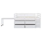 Full Size Loft Bed with Retractable Writing Desk and 4 Drawers, Wooden Loft Bed with Lateral Portable Desk and Shelves