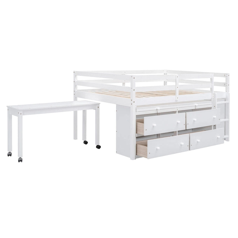 Cama alta de tamaño completo con escritorio retráctil y 4 cajones, cama alta de madera con escritorio lateral portátil y estantes