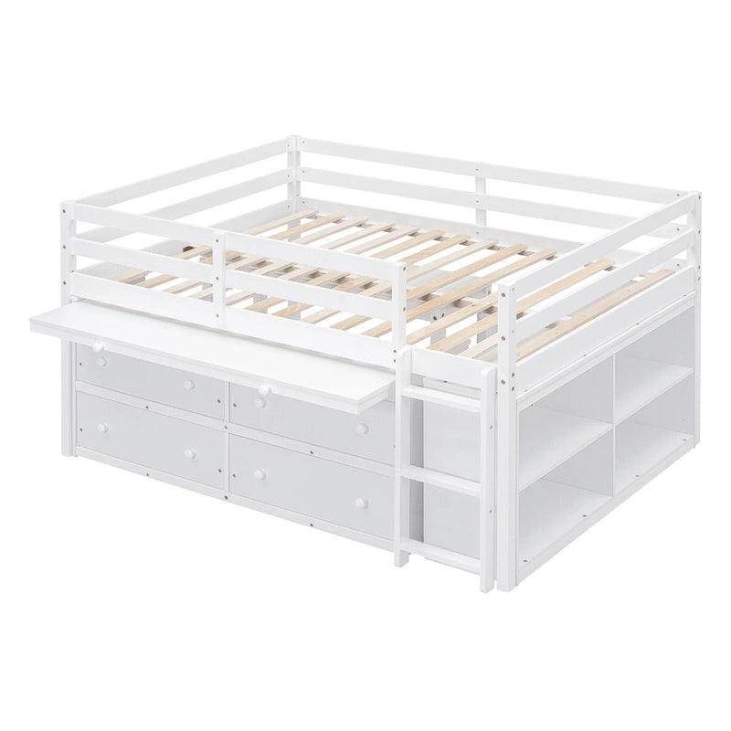 Cama alta de tamaño completo con escritorio retráctil y 4 cajones, cama alta de madera con escritorio lateral portátil y estantes