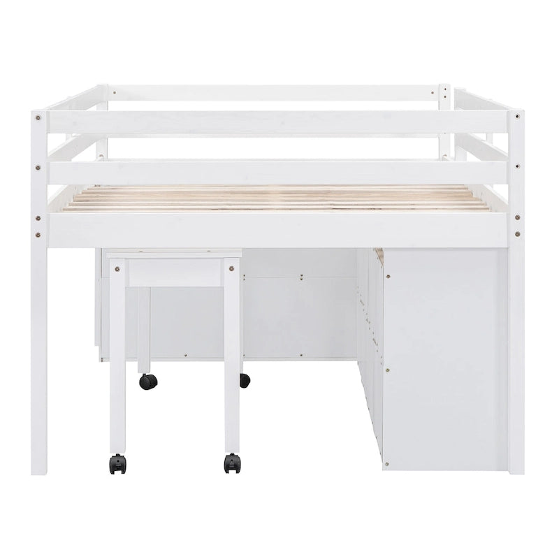 Cama alta de tamaño completo con escritorio retráctil y 4 cajones, cama alta de madera con escritorio lateral portátil y estantes