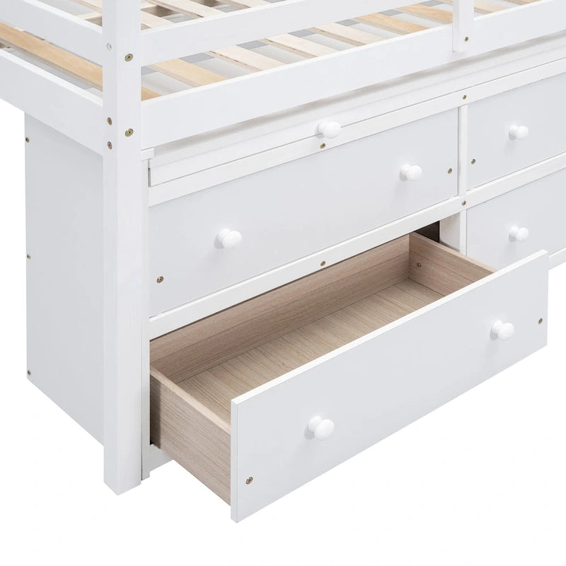 Cama alta de tamaño completo con escritorio retráctil y 4 cajones, cama alta de madera con escritorio lateral portátil y estantes