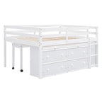 Cama alta de tamaño completo con escritorio retráctil y 4 cajones, cama alta de madera con escritorio lateral portátil y estantes