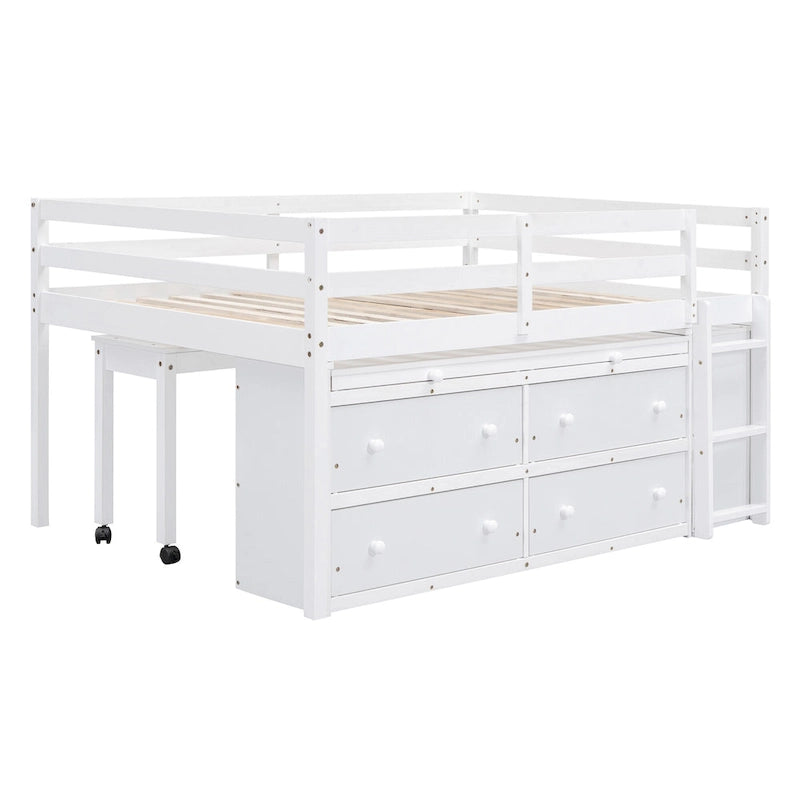 Cama alta de tamaño completo con escritorio retráctil y 4 cajones, cama alta de madera con escritorio lateral portátil y estantes