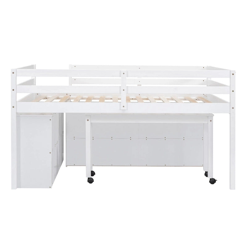 Cama alta de tamaño completo con escritorio retráctil y 4 cajones, cama alta de madera con escritorio lateral portátil y estantes