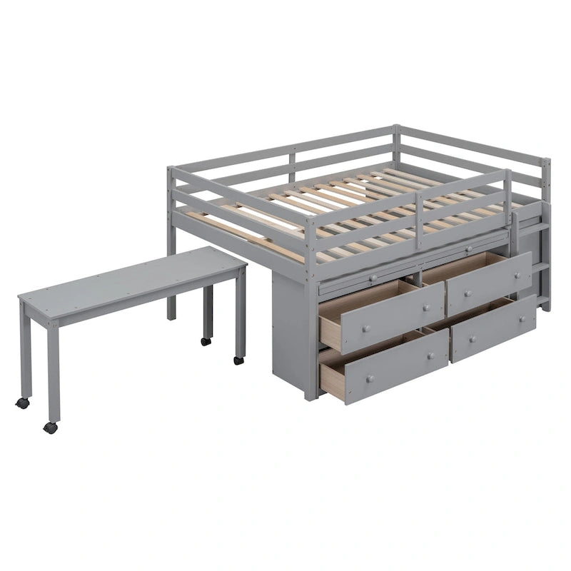 Cama alta de tamaño completo con escritorio retráctil y 4 cajones, cama alta de madera con escritorio lateral portátil y estantes