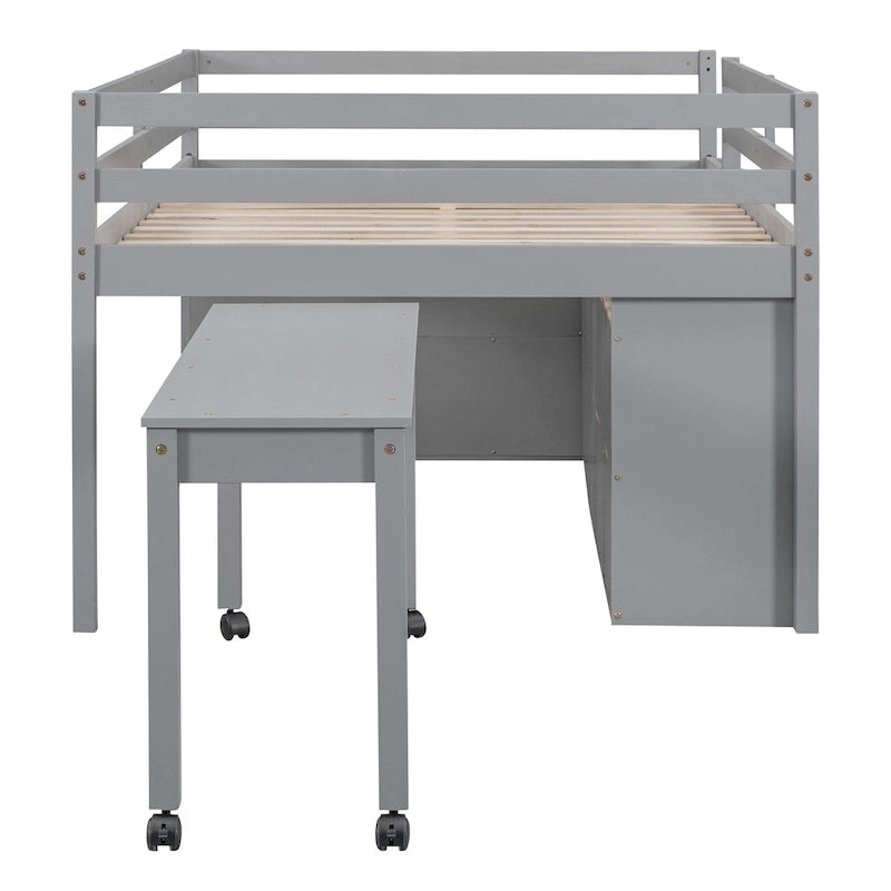Cama alta de tamaño completo con escritorio retráctil y 4 cajones, cama alta de madera con escritorio lateral portátil y estantes