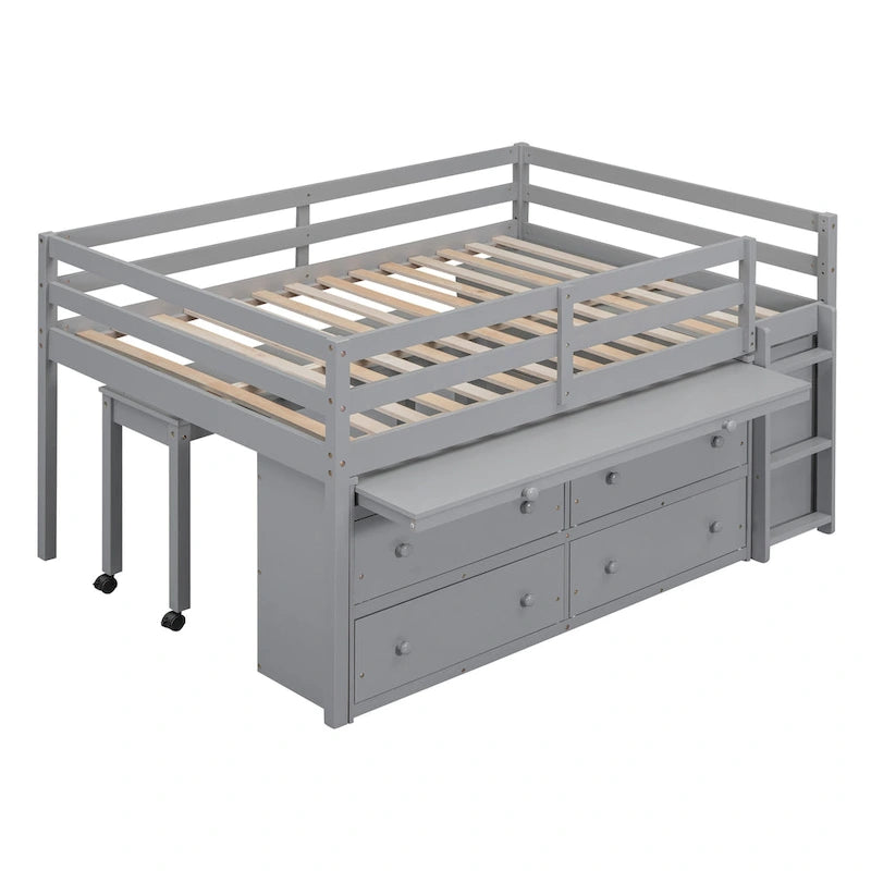 Cama alta de tamaño completo con escritorio retráctil y 4 cajones, cama alta de madera con escritorio lateral portátil y estantes