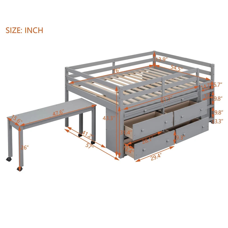 Cama alta de tamaño completo con escritorio retráctil y 4 cajones, cama alta de madera con escritorio lateral portátil y estantes