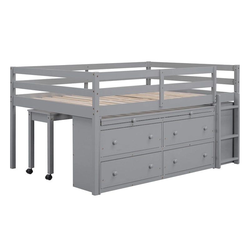 Cama alta de tamaño completo con escritorio retráctil y 4 cajones, cama alta de madera con escritorio lateral portátil y estantes