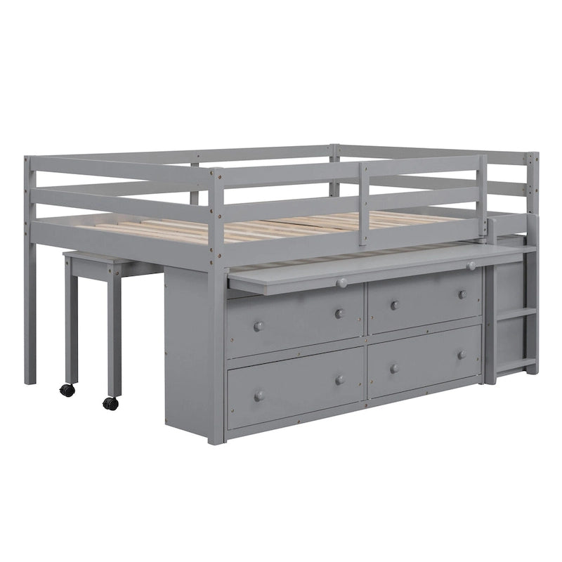 Cama alta de tamaño completo con escritorio retráctil y 4 cajones, cama alta de madera con escritorio lateral portátil y estantes
