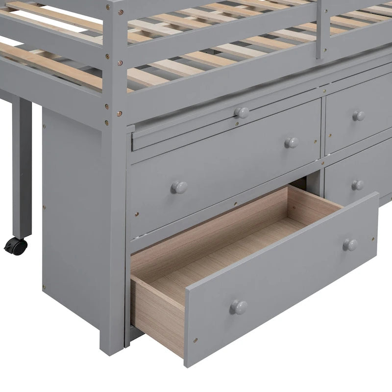Cama alta de tamaño completo con escritorio retráctil y 4 cajones, cama alta de madera con escritorio lateral portátil y estantes