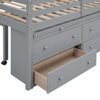 Cama alta de tamaño completo con escritorio retráctil y 4 cajones, cama alta de madera con escritorio lateral portátil y estantes