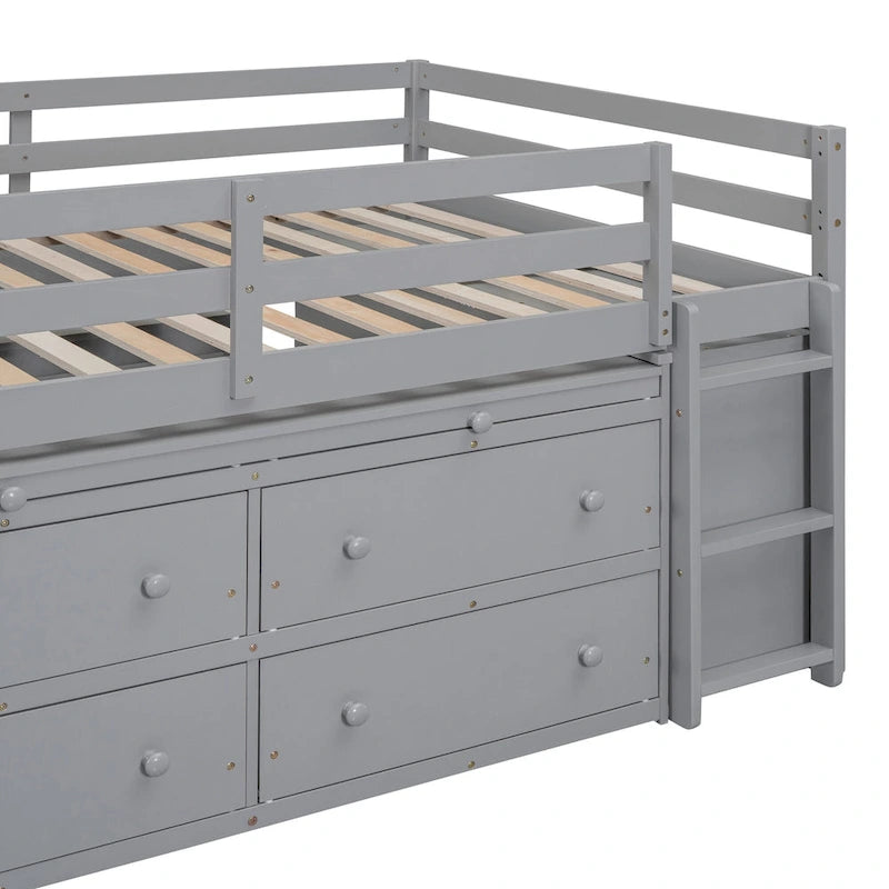 Cama alta de tamaño completo con escritorio retráctil y 4 cajones, cama alta de madera con escritorio lateral portátil y estantes
