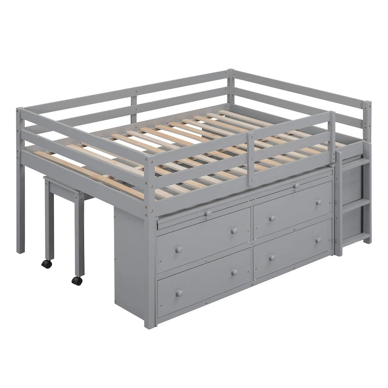 Cama alta de tamaño completo con escritorio retráctil y 4 cajones, cama alta de madera con escritorio lateral portátil y estantes