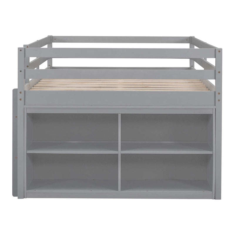 Cama alta de tamaño completo con escritorio retráctil y 4 cajones, cama alta de madera con escritorio lateral portátil y estantes