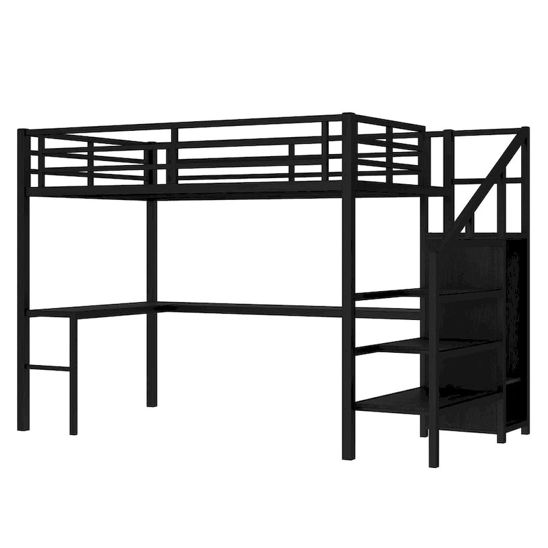 Cama alta de tamaño matrimonial con escritorio en forma de L y USB