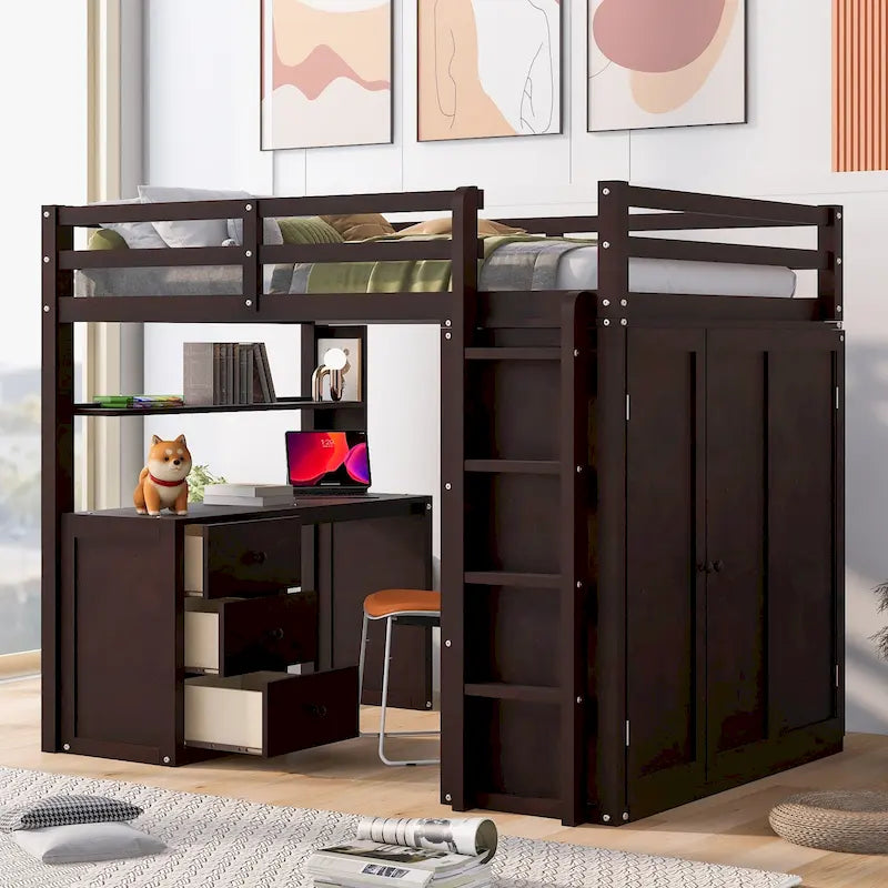 Cama alta de tamaño completo con cajones, escritorio y armario