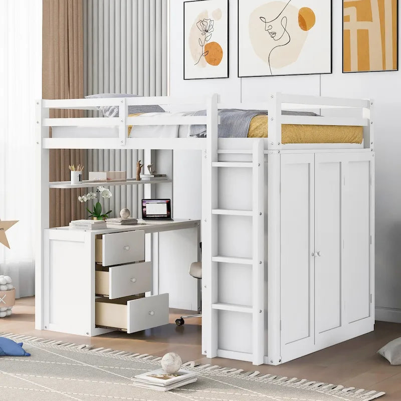 Cama alta de tamaño completo con cajones, escritorio y armario