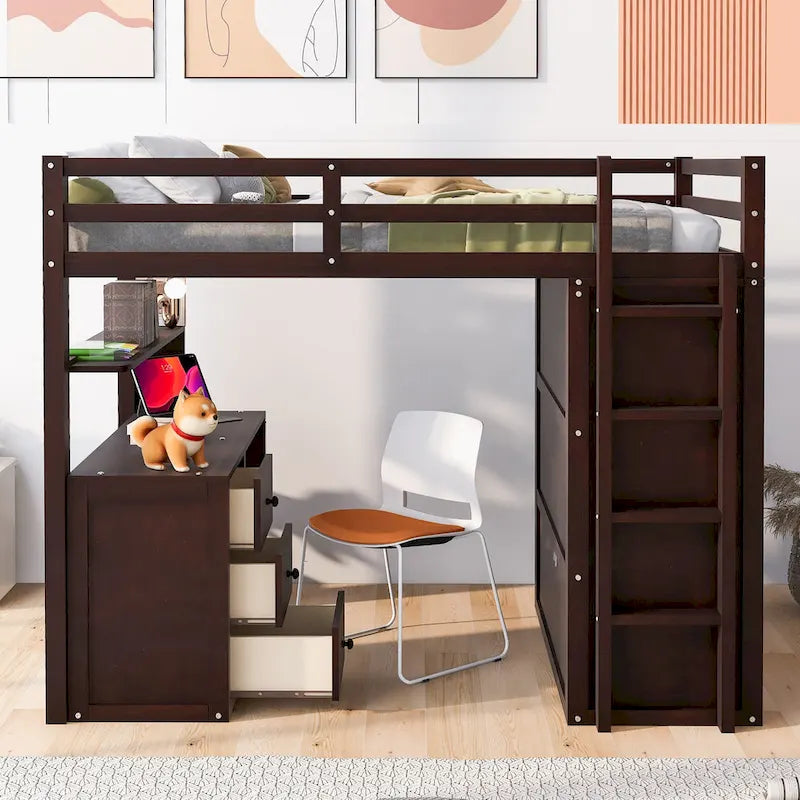 Cama alta de tamaño completo con cajones, escritorio y armario