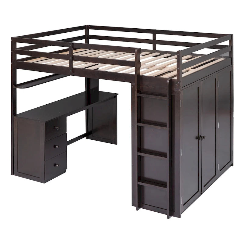 Cama alta de tamaño completo con cajones, escritorio y armario