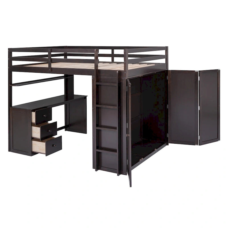 Cama alta de tamaño completo con cajones, escritorio y armario