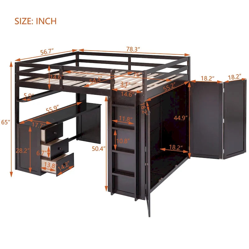 Cama alta de tamaño completo con cajones, escritorio y armario