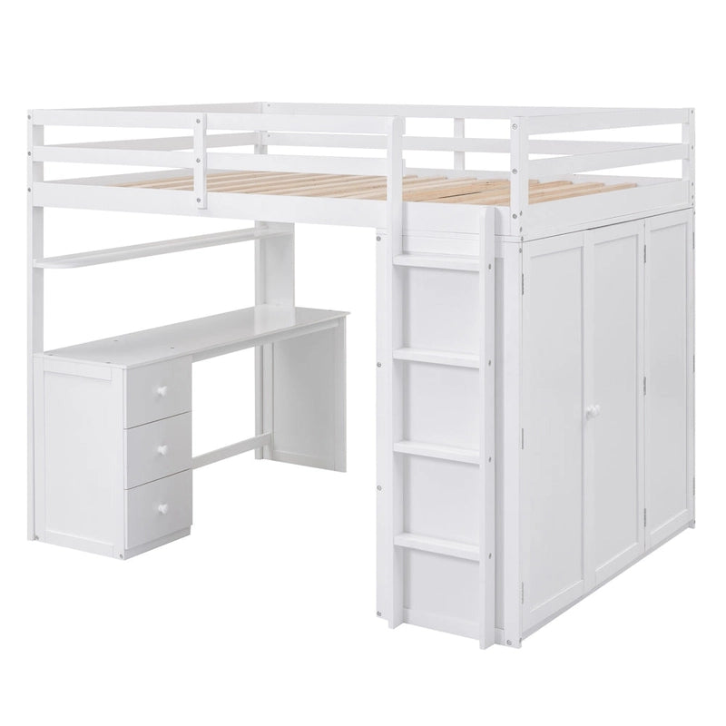 Cama alta de tamaño completo con cajones, escritorio y armario